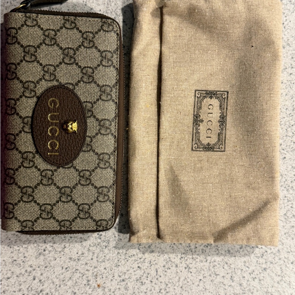 Gucci Brown Beige Monogram Zip Wallet with Gold Accent